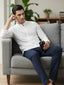 TerraDesi Men’s White Cotton Textured Stripe Short Kurta | Mandarin Collar Roll-Up Sleeve Kurta