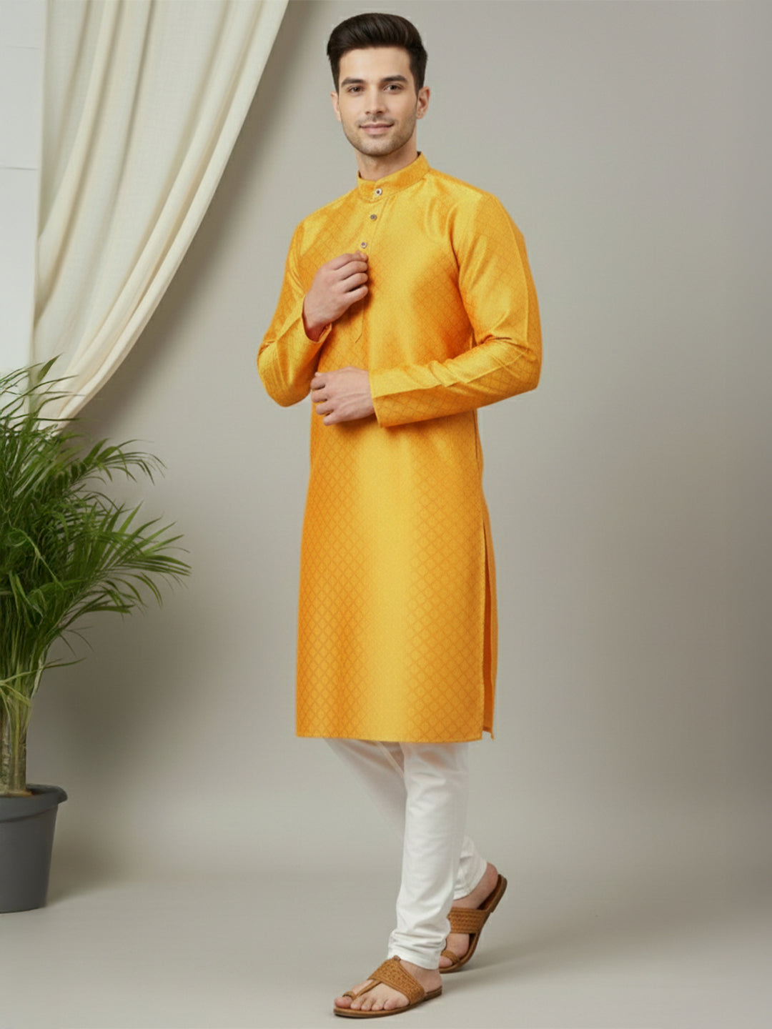 RudraRaj Jacquard Festive Kurta for Men | TerraDesi Royal Maroon Long Kurta