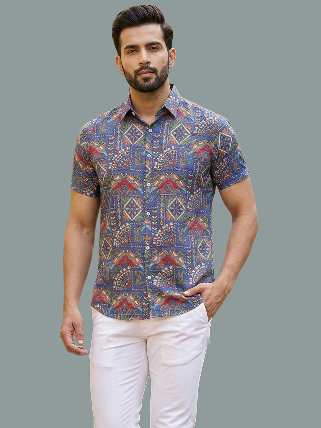 TerraDesi Men’s Midnight Navy Multi-Color Paisley Viscose Rayon Shirt - Regular Fit Casual Half Sleeve