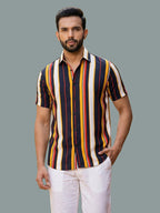 TerraDesi Men’s Multi-Color Vertical Stripe Viscose Rayon Shirt - Regular Fit Casual Half Sleeve