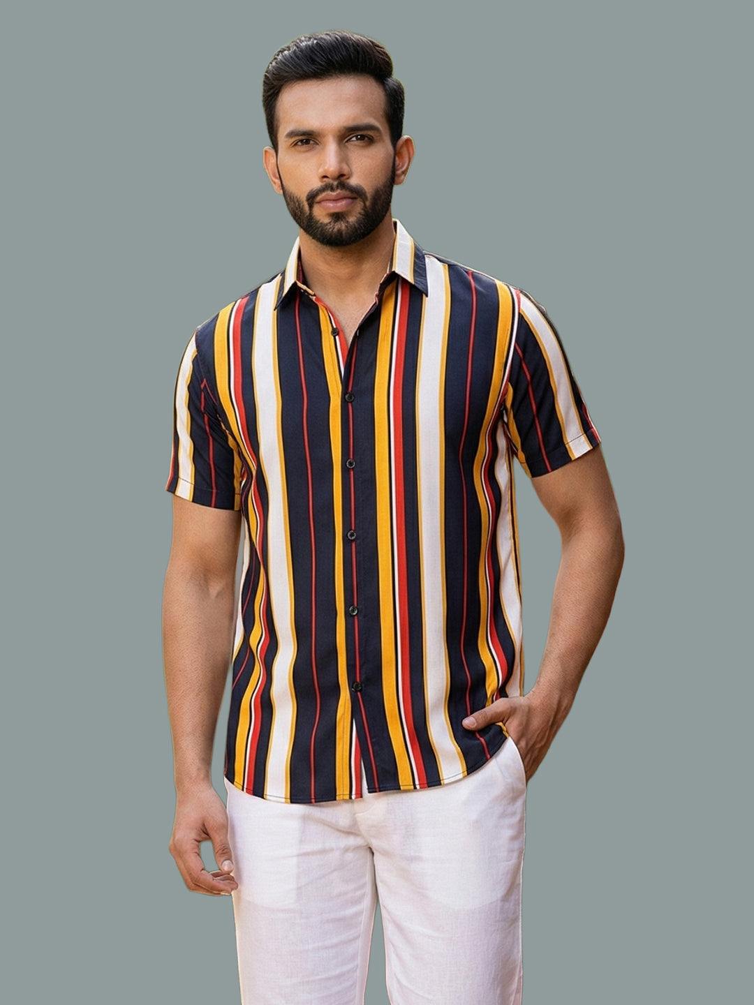 TerraDesi Men’s Multi-Color Vertical Stripe Viscose Rayon Shirt - Regular Fit Casual Half Sleeve