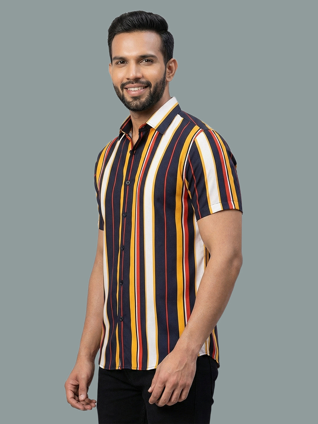 TerraDesi Men’s Multi-Color Vertical Stripe Viscose Rayon Shirt - Regular Fit Casual Half Sleeve