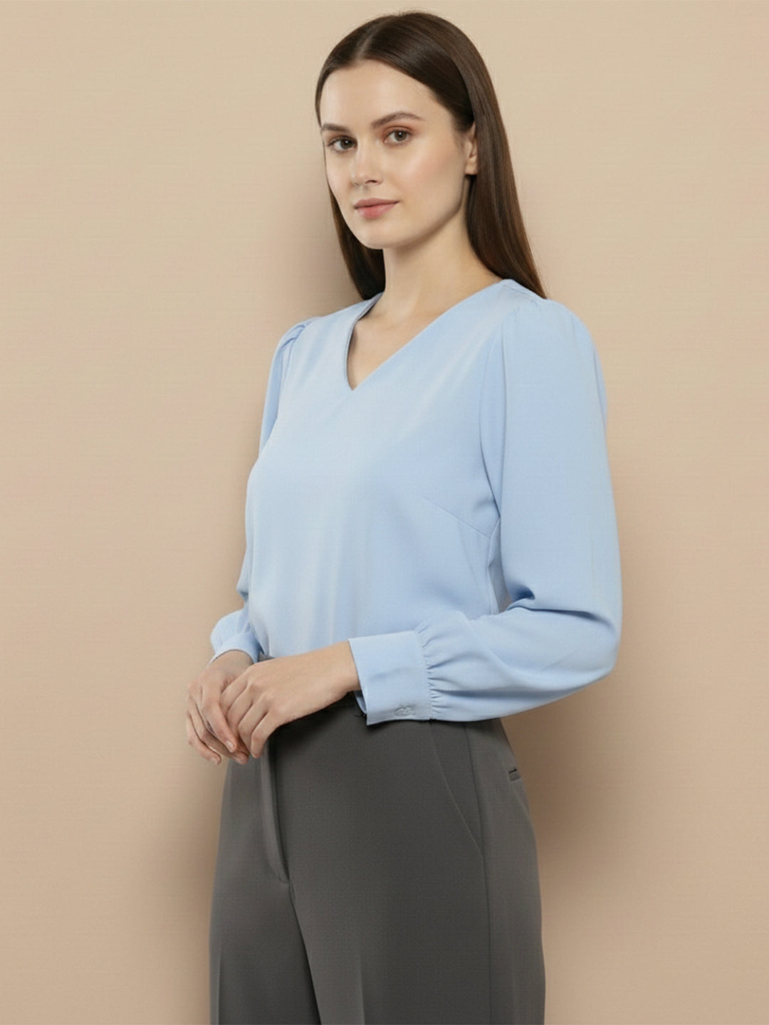 TerraDesi Azure Grace V-Neck Crepe Top
