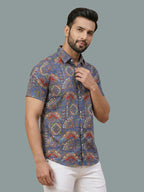 TerraDesi Men’s Midnight Navy Multi-Color Paisley Viscose Rayon Shirt - Regular Fit Casual Half Sleeve