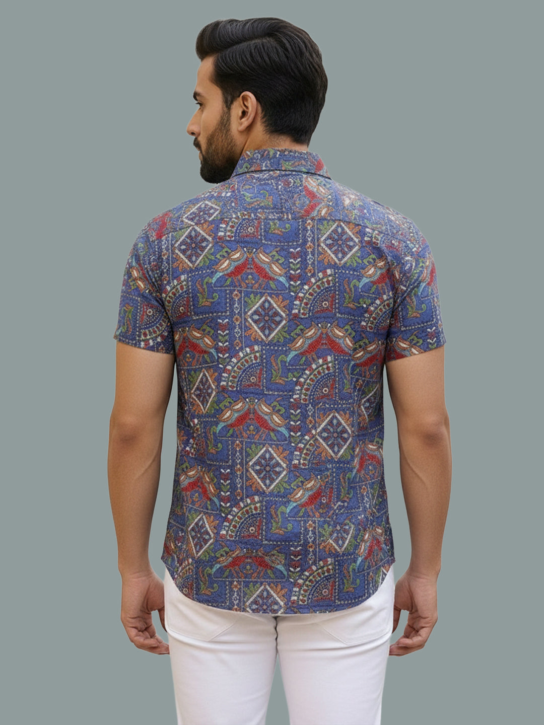 TerraDesi Men’s Midnight Navy Multi-Color Paisley Viscose Rayon Shirt - Regular Fit Casual Half Sleeve