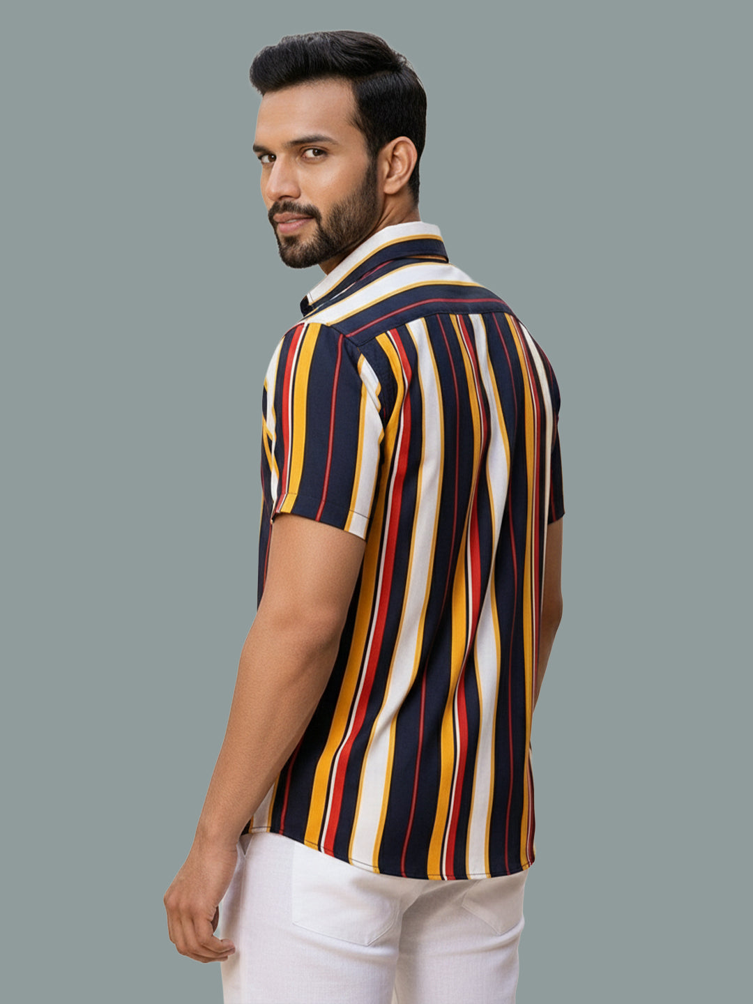 TerraDesi Men’s Multi-Color Vertical Stripe Viscose Rayon Shirt - Regular Fit Casual Half Sleeve