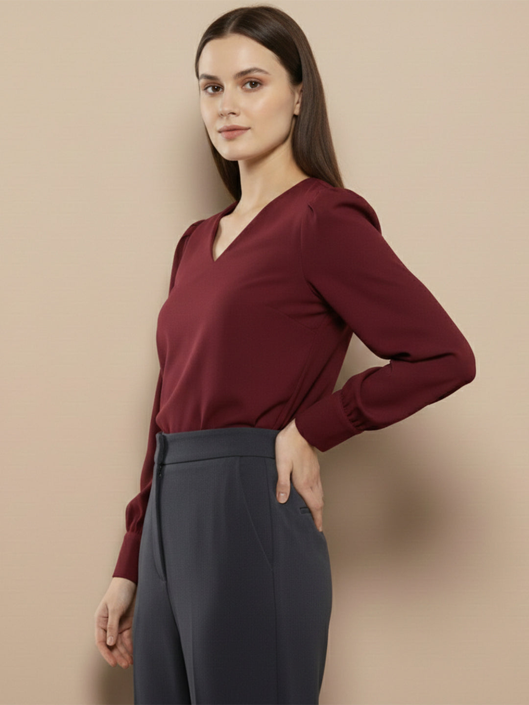 TerraDesi Azure Grace V-Neck Crepe Top