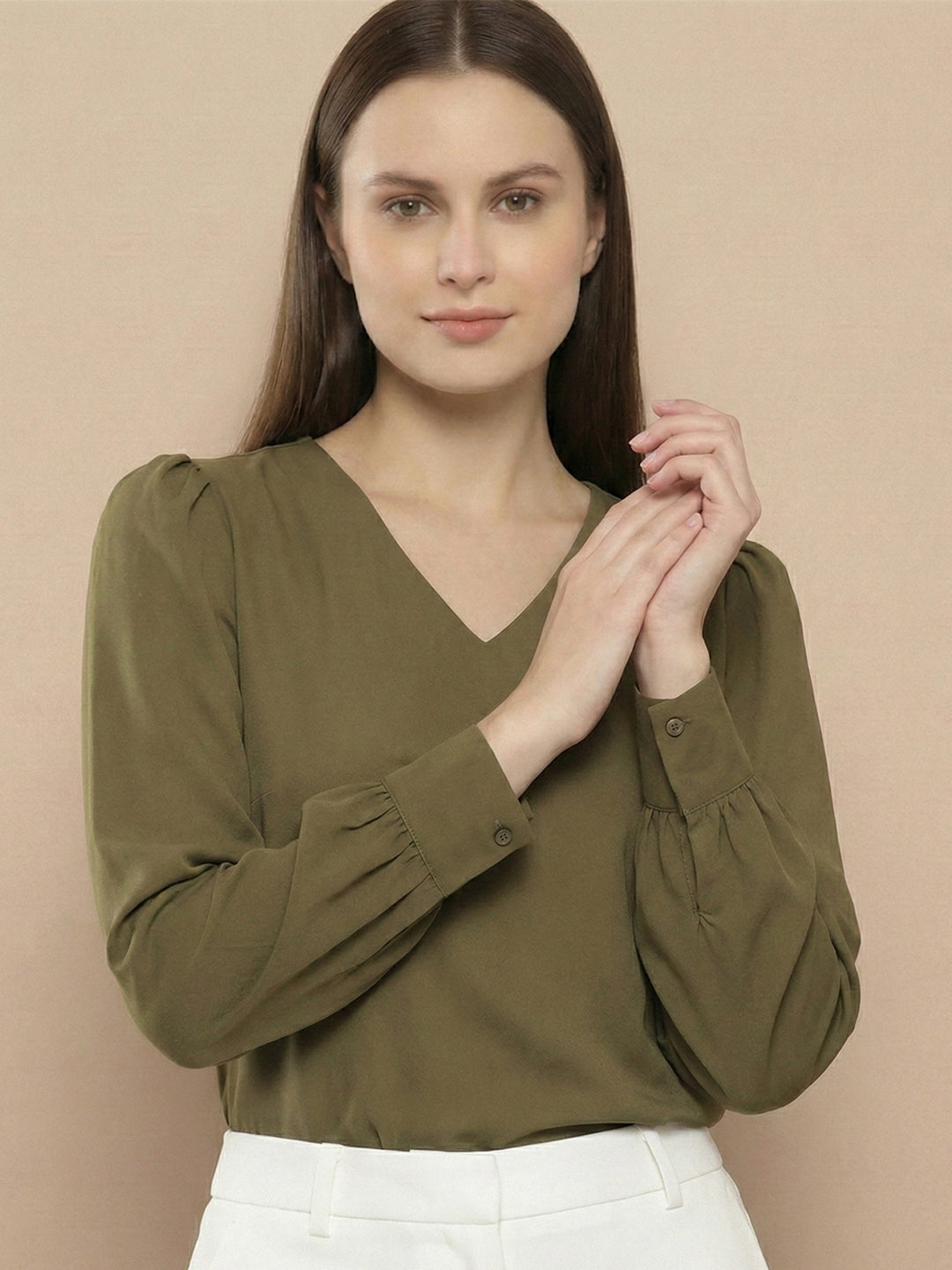 TerraDesi Azure Grace V-Neck Crepe Top