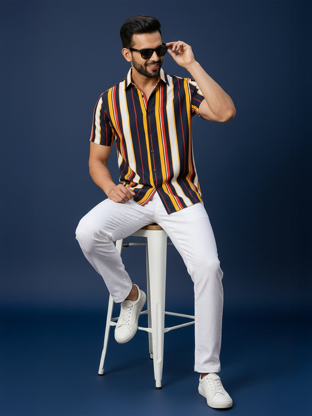 TerraDesi Men’s Multi-Color Vertical Stripe Viscose Rayon Shirt - Regular Fit Casual Half Sleeve