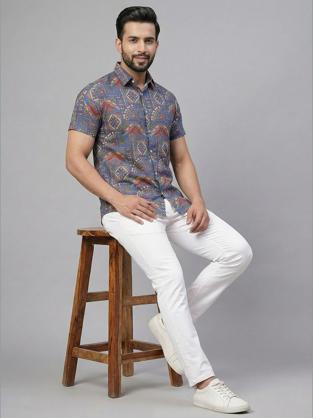TerraDesi Men’s Midnight Navy Multi-Color Paisley Viscose Rayon Shirt - Regular Fit Casual Half Sleeve