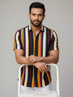 TerraDesi Men’s Multi-Color Vertical Stripe Viscose Rayon Shirt - Regular Fit Casual Half Sleeve