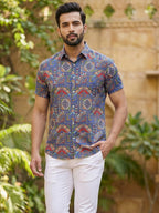 TerraDesi Men’s Midnight Navy Multi-Color Paisley Viscose Rayon Shirt - Regular Fit Casual Half Sleeve