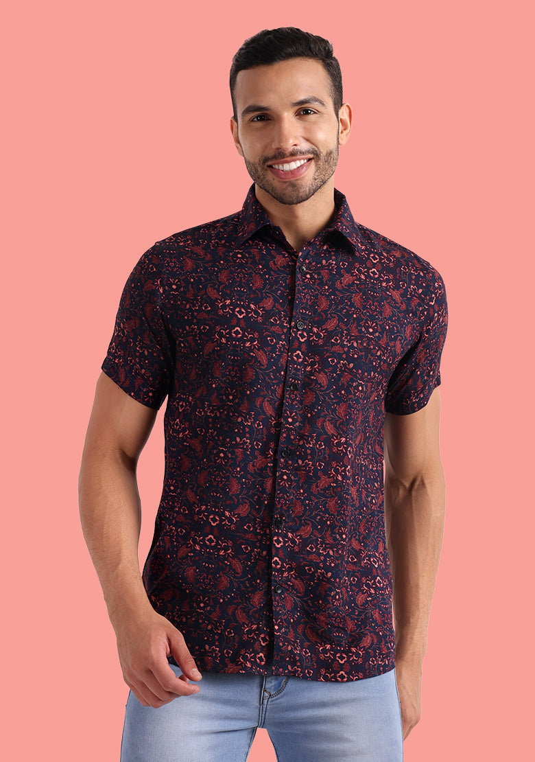 TerraDesi Crimson Dusk Floral Viscose Rayon Shirt