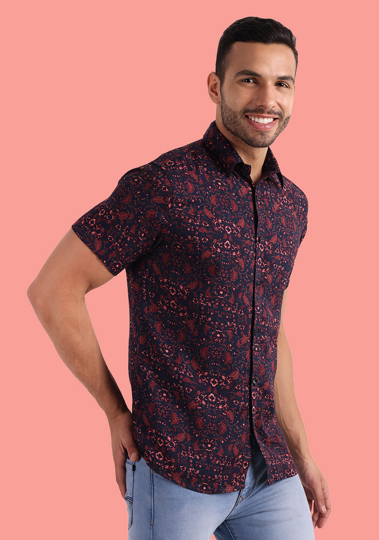 TerraDesi Crimson Dusk Floral Viscose Rayon Shirt