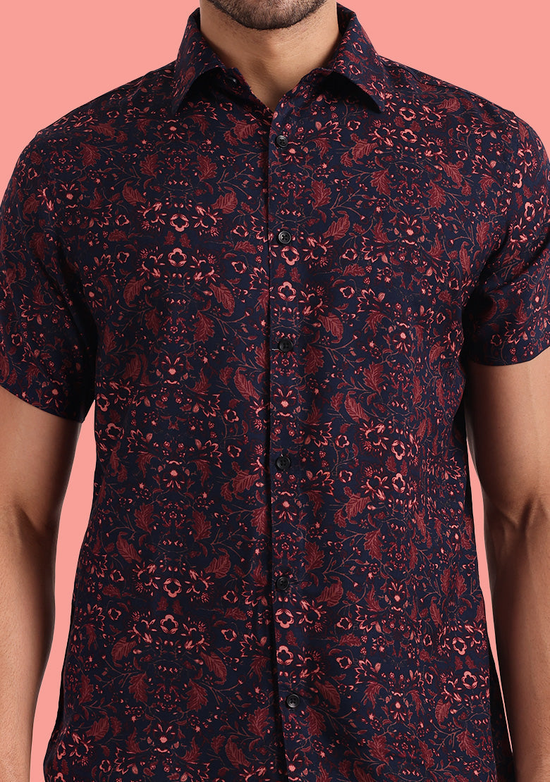 TerraDesi Crimson Dusk Floral Viscose Rayon Shirt