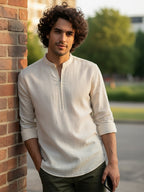 TerraDesi Sand Beige Cotton Kurta for Men | Zipper Closure Mandarin Collar Kurta