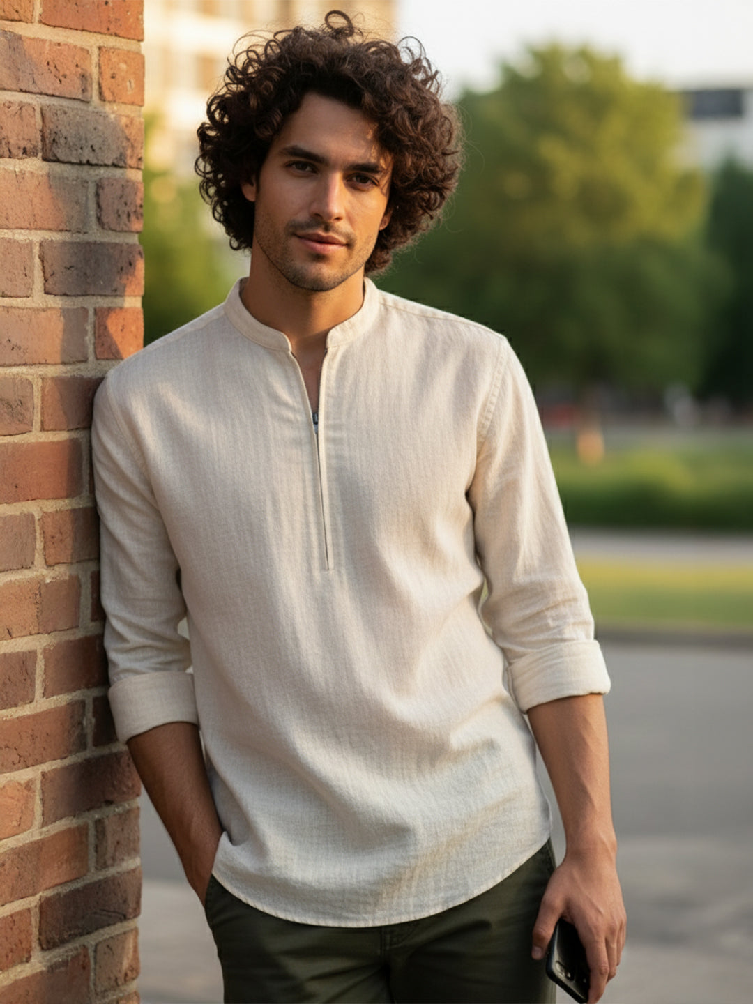 TerraDesi Sand Beige Cotton Kurta for Men | Zipper Closure Mandarin Collar Kurta