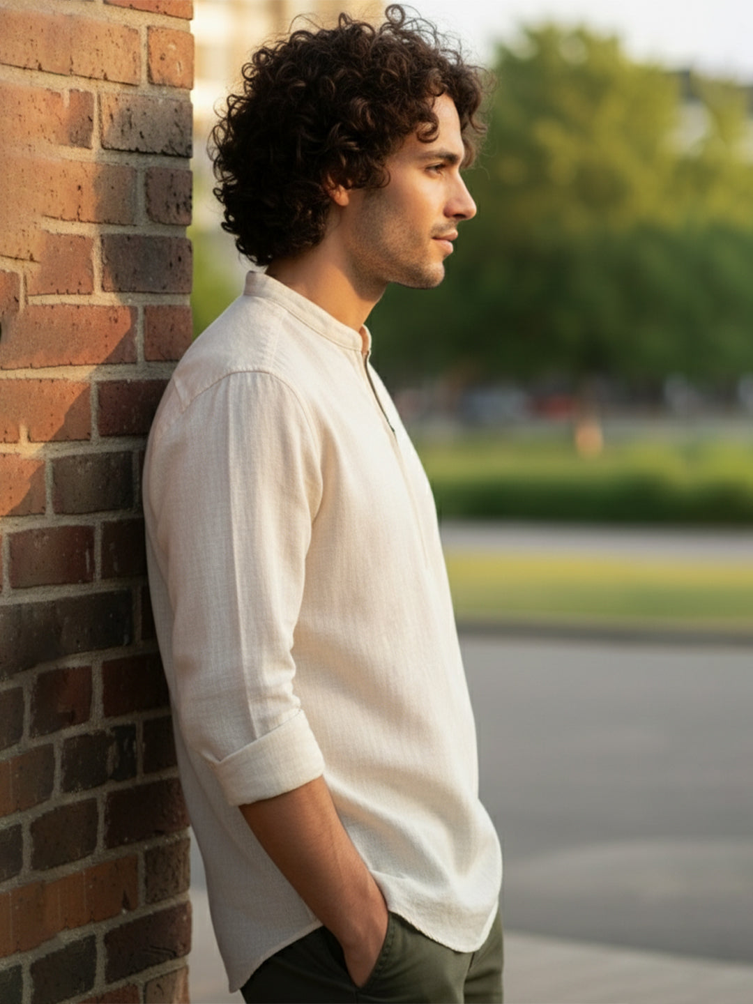 TerraDesi Sand Beige Cotton Kurta for Men | Zipper Closure Mandarin Collar Kurta