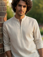 TerraDesi Sand Beige Cotton Kurta for Men | Zipper Closure Mandarin Collar Kurta