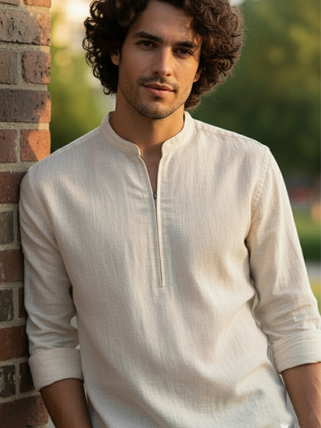 TerraDesi Sand Beige Cotton Kurta for Men | Zipper Closure Mandarin Collar Kurta