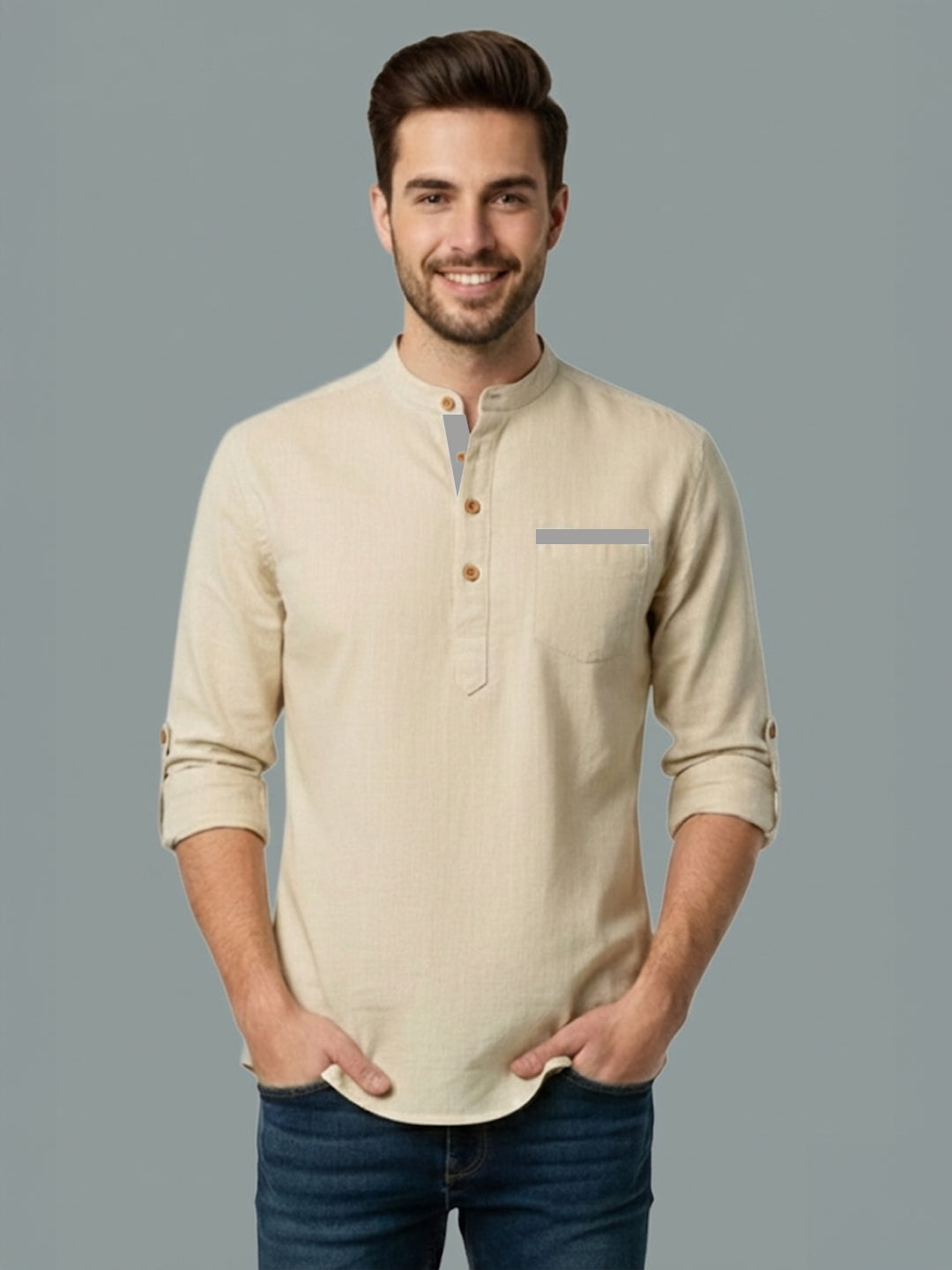 TerraDesi Men's Regular Fit Cotton Mandarin Collar Kurta (SE120)