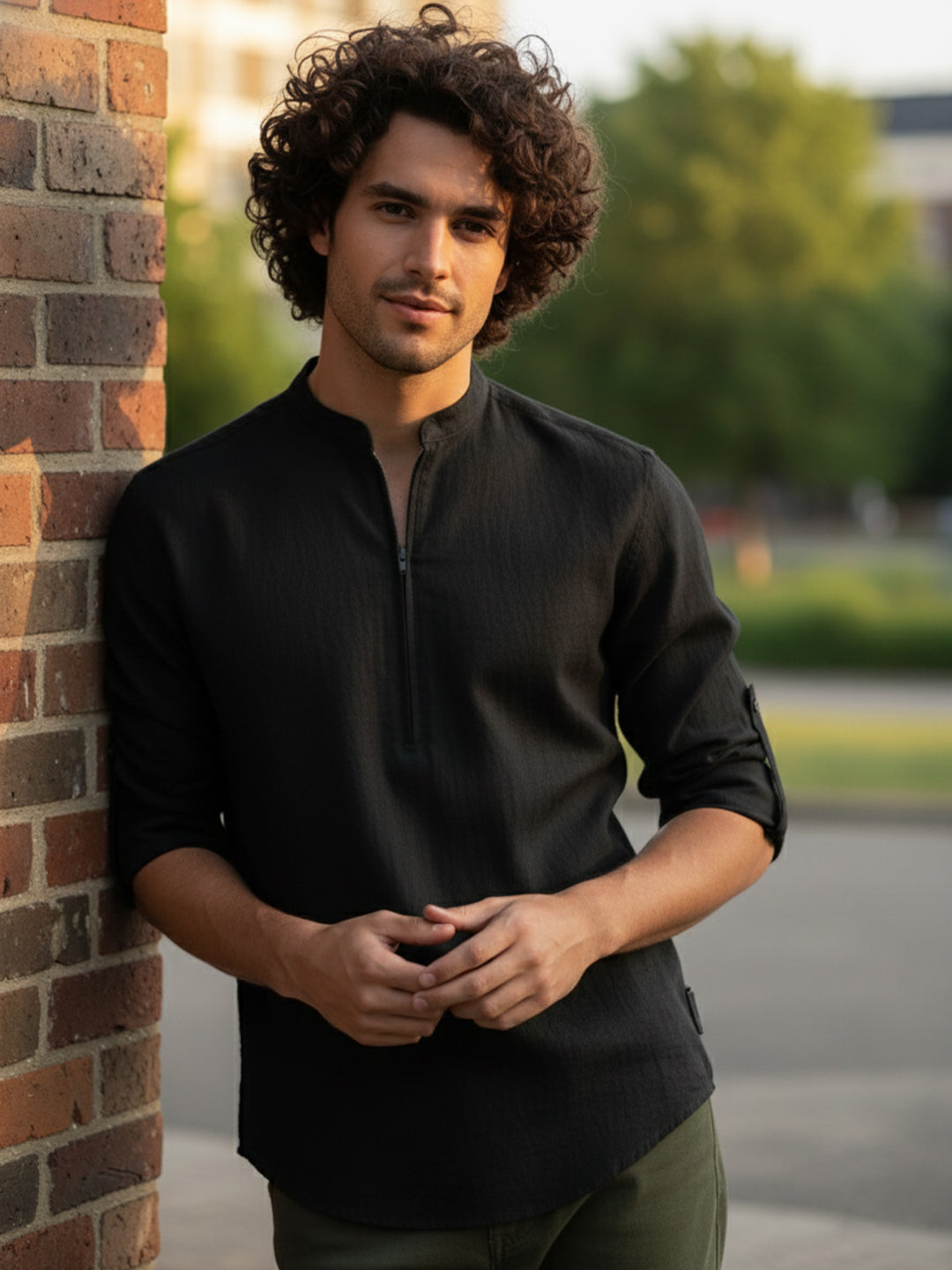 TerraDesi Sand Beige Cotton Kurta for Men | Zipper Closure Mandarin Collar Kurta Secondary image