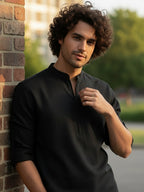 TerraDesi Sand Beige Cotton Kurta for Men | Zipper Closure Mandarin Collar Kurta
