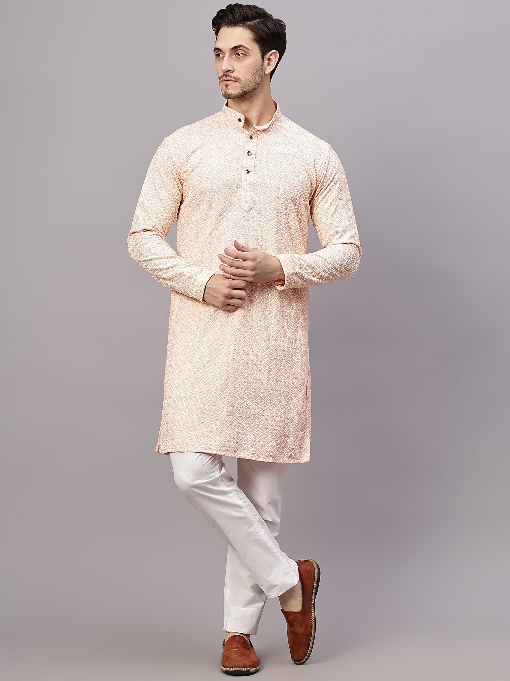 TerraDesi Royal Pista Bloom Chikankari Sequined Kurta Pajama Set