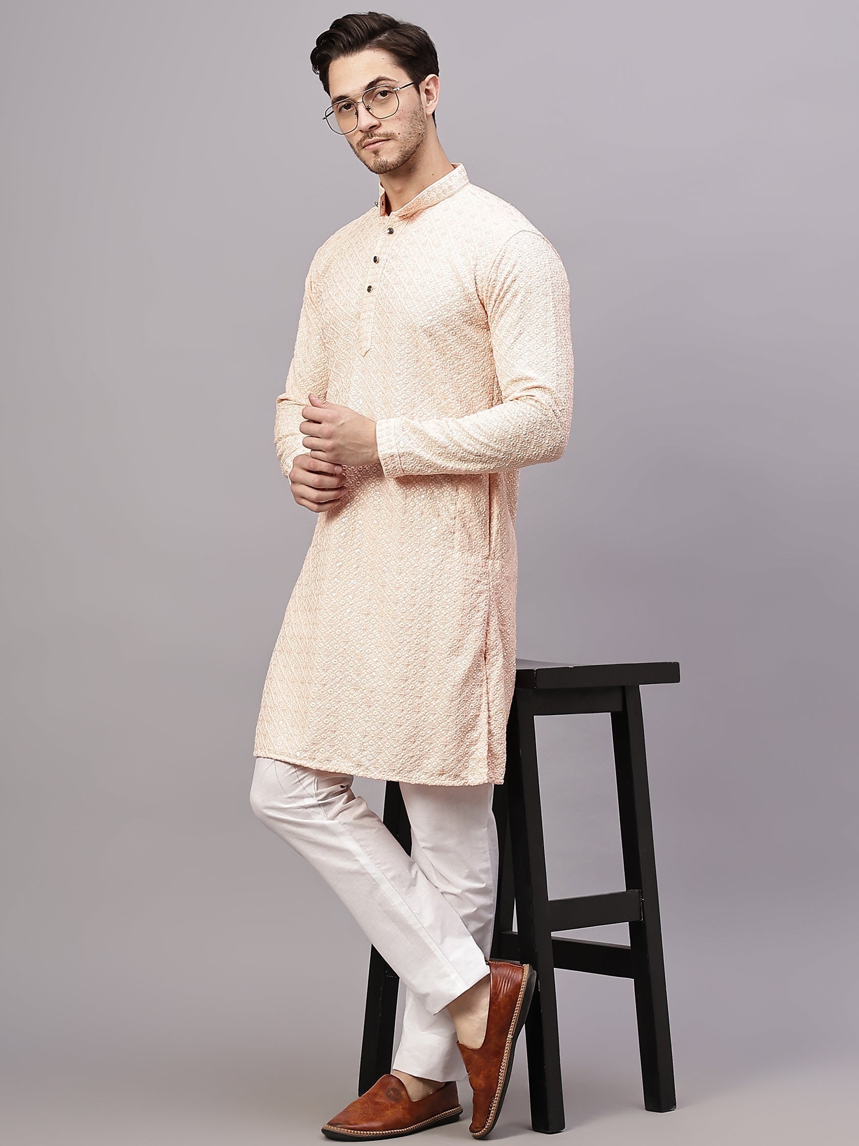 TerraDesi Royal Pista Bloom Chikankari Sequined Kurta Pajama Set