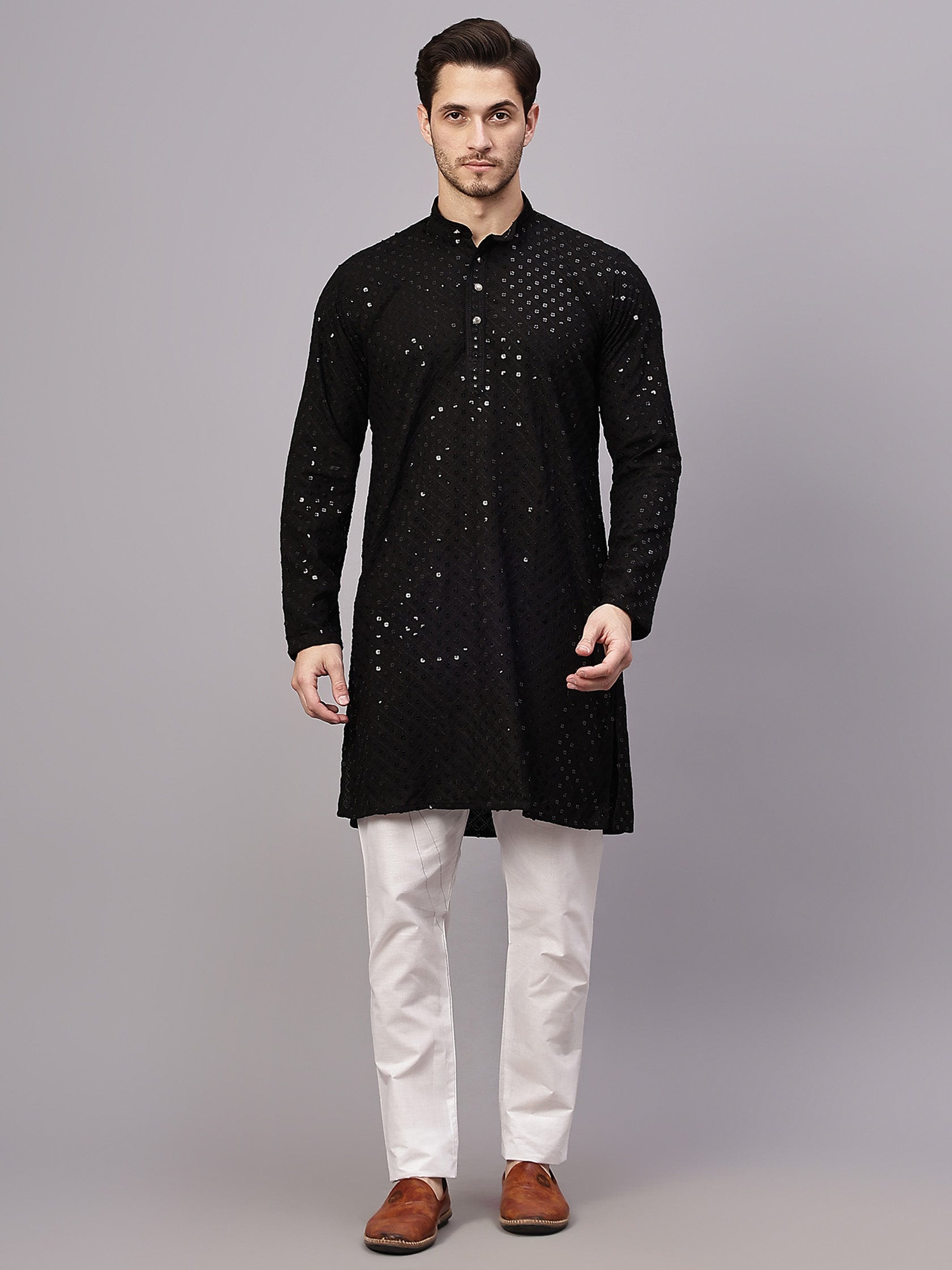 TerraDesi Golden Radiance Chikankari Sequined Kurta Pajama Set