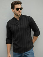 TerraDesi Men's Black Vertical Stripe Cotton Short Kurta