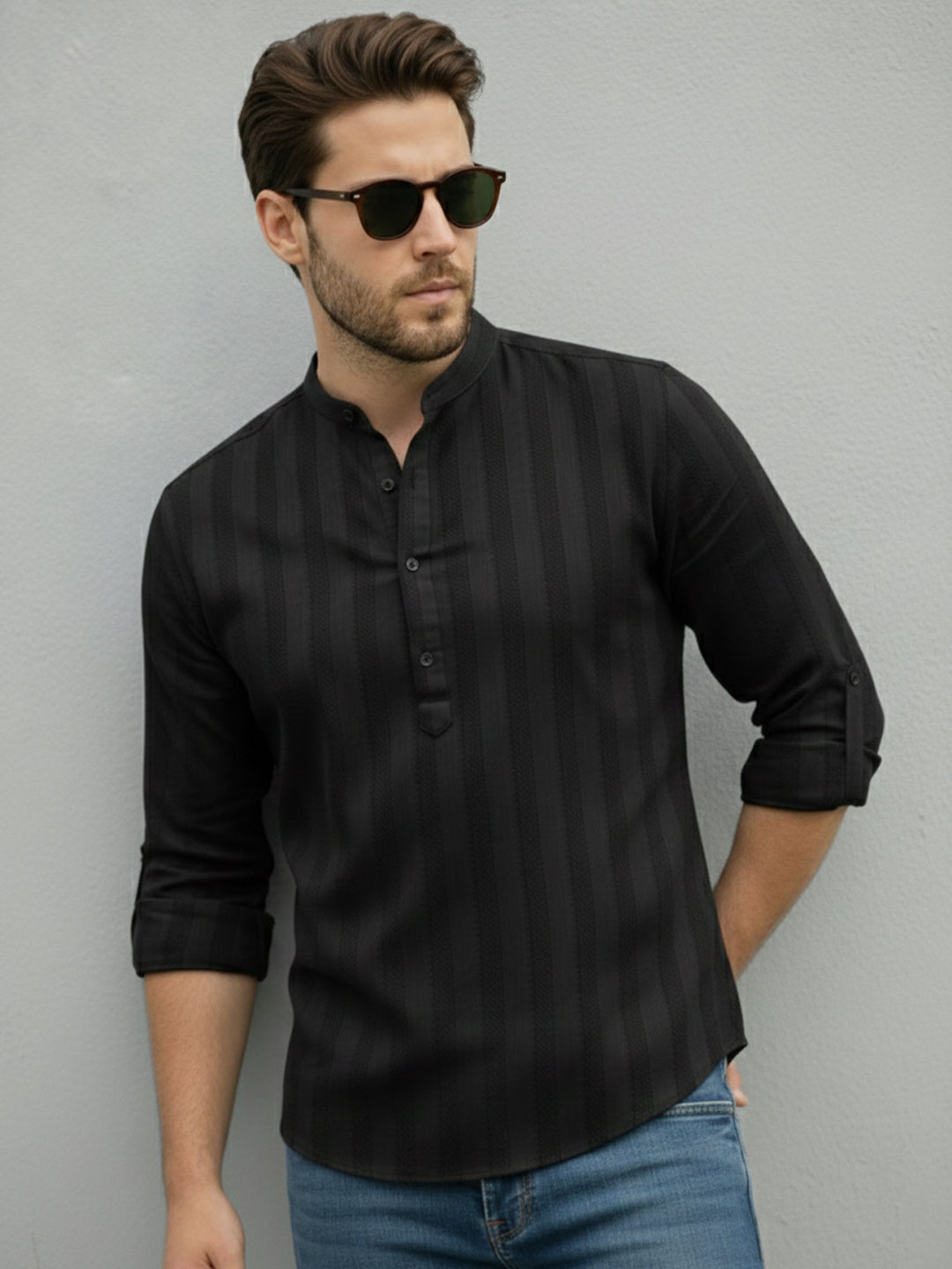 TerraDesi Men's Black Vertical Stripe Cotton Short Kurta