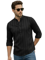 TerraDesi Men's Black Vertical Stripe Cotton Short Kurta