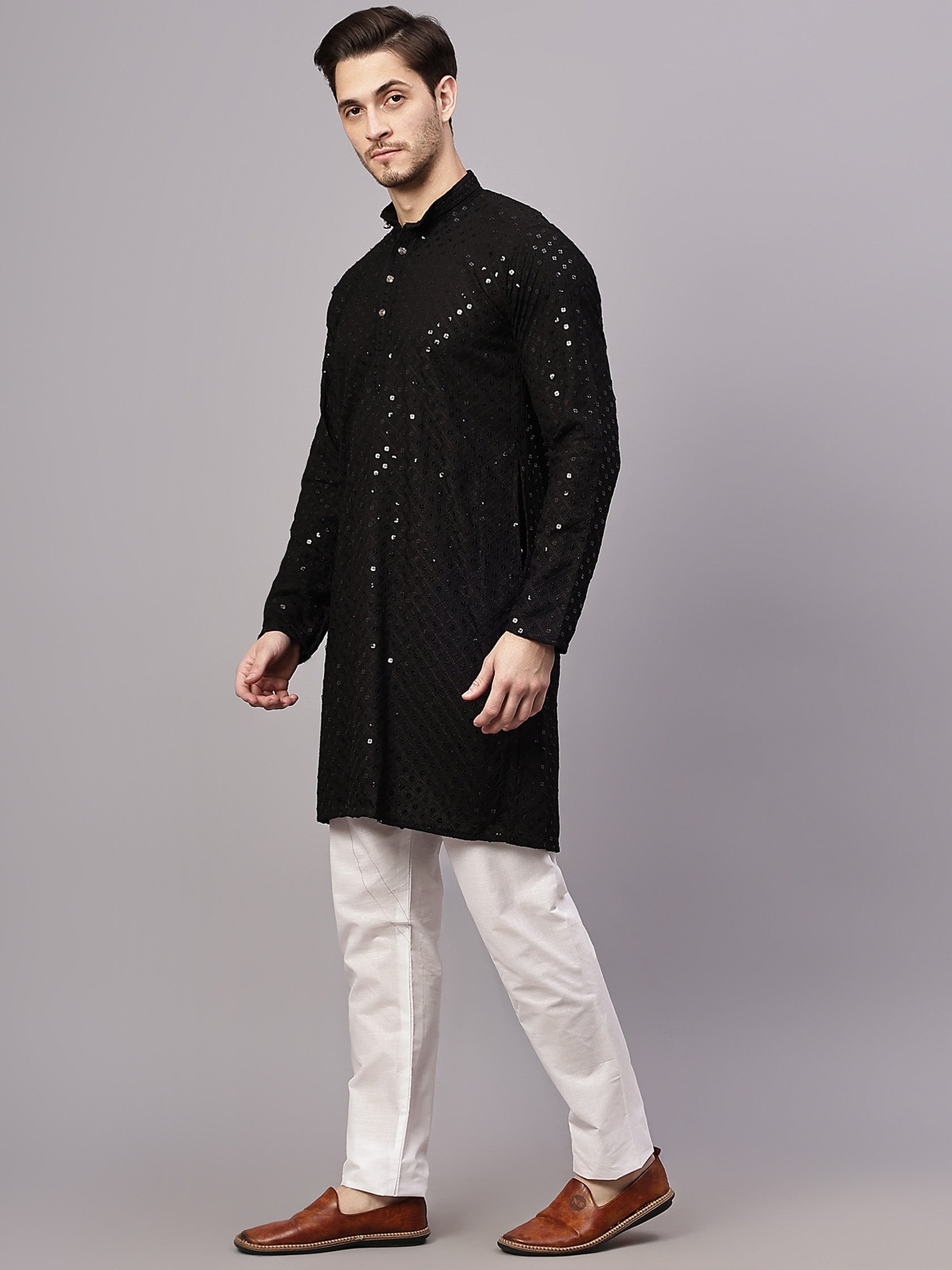 TerraDesi Golden Radiance Chikankari Sequined Kurta Pajama Set