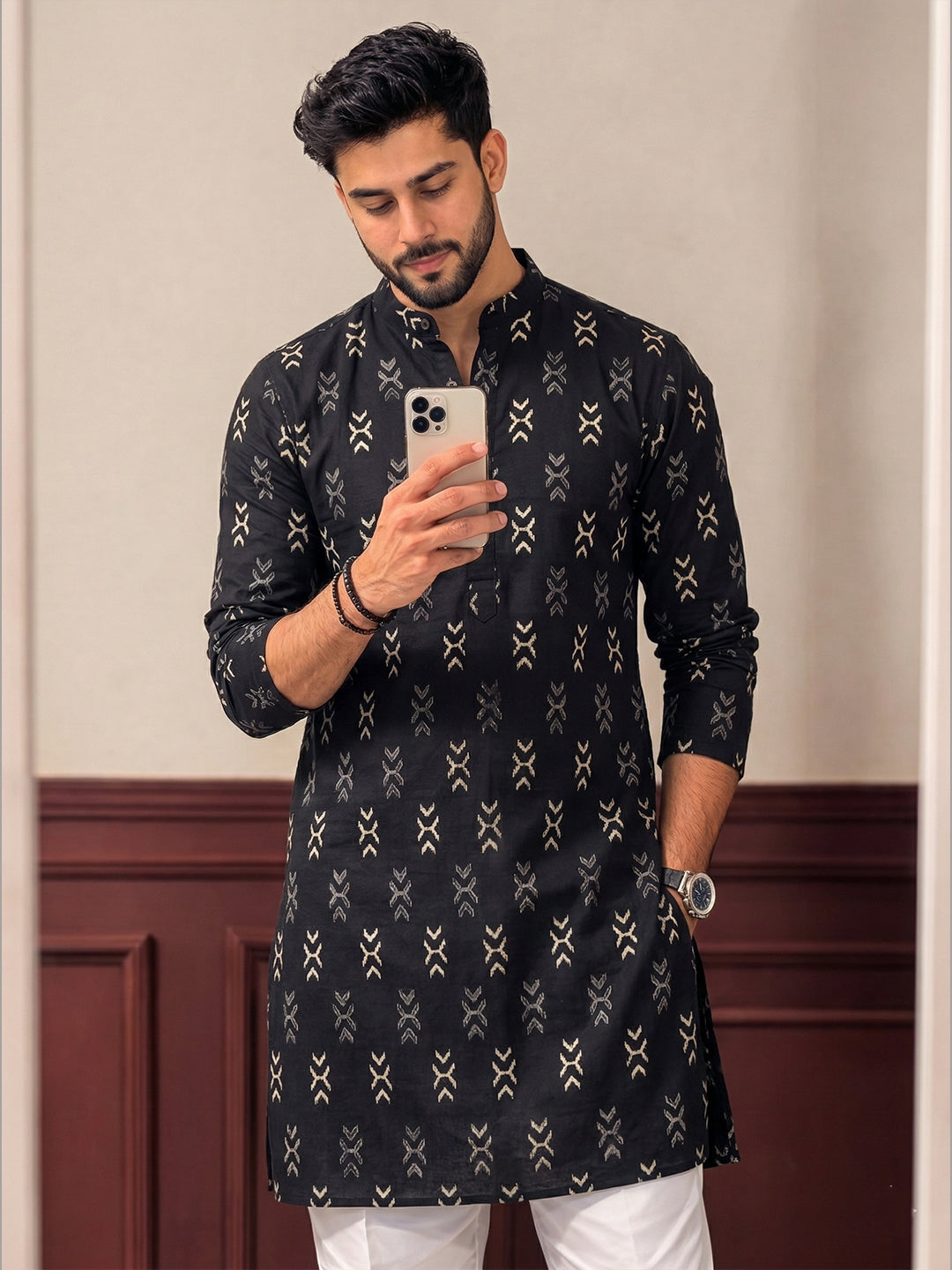 TerraDesi Noir Weave Printed Cotton Long Kurta for Men