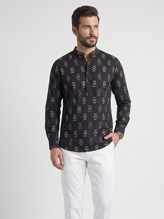 TerraDesi Midnight Black Printed Cotton Kurta for Men | Mandarin Collar Modern Ethnic Kurta Secondary image