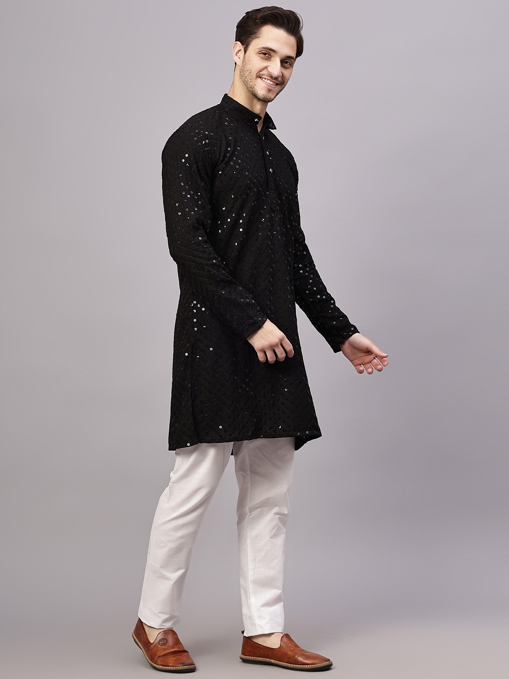 TerraDesi Golden Radiance Chikankari Sequined Kurta Pajama Set