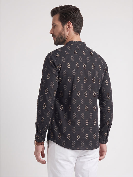 TerraDesi Midnight Black Printed Cotton Kurta for Men | Mandarin Collar Modern Ethnic Kurta