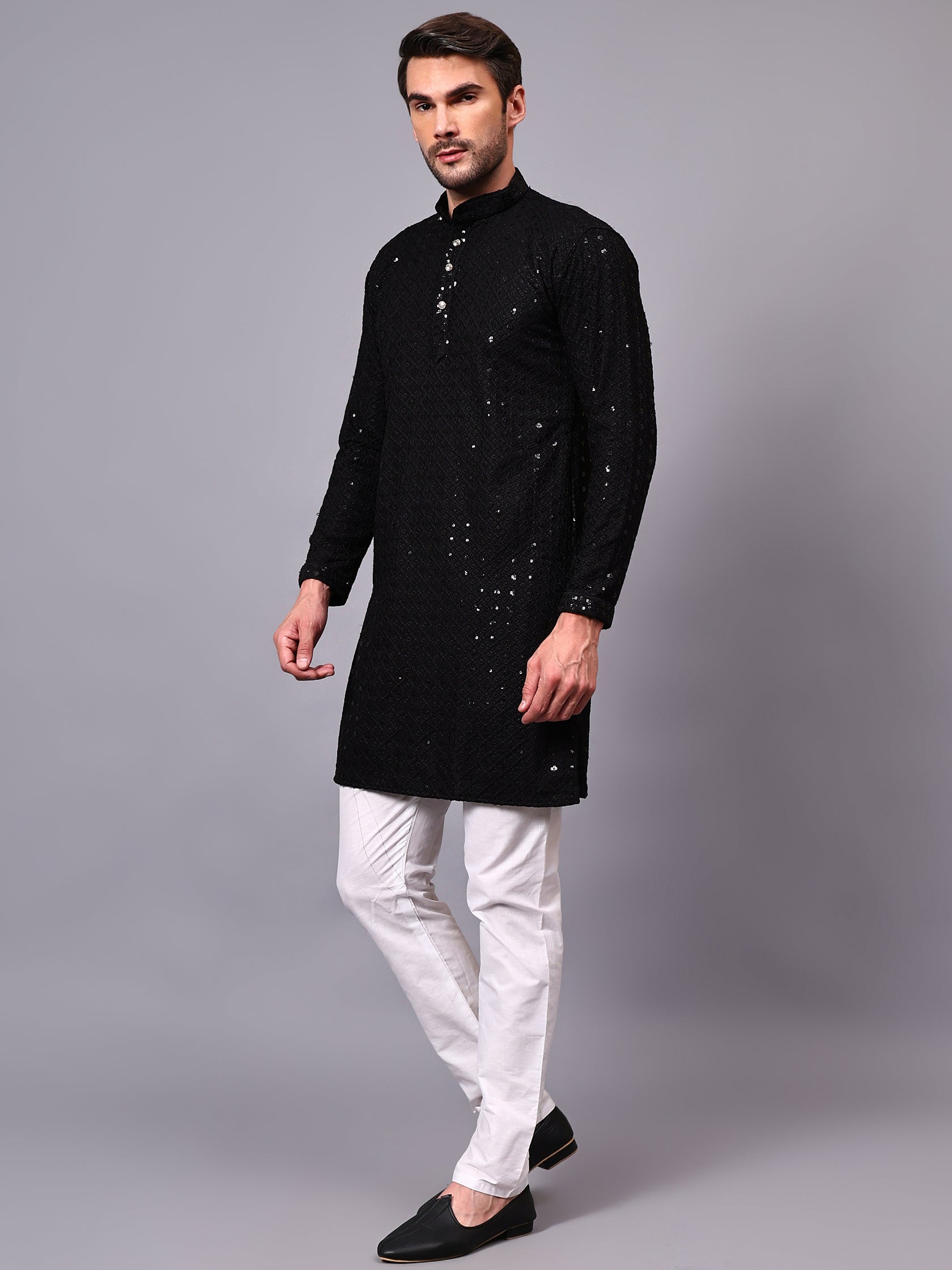 TerraDesi Royal Pista Bloom Chikankari Sequined Kurta Pajama Set