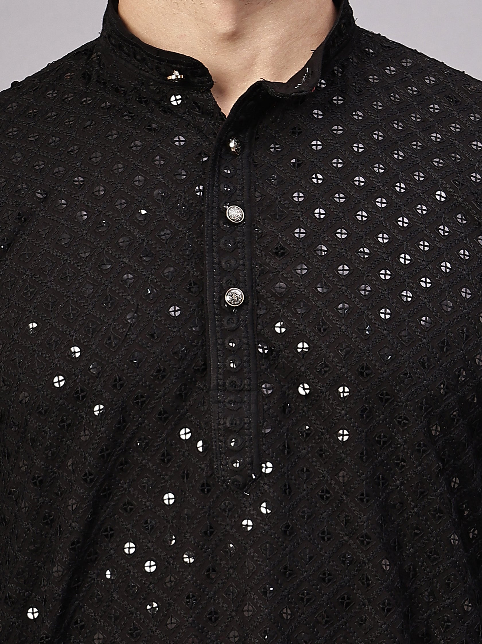TerraDesi Golden Radiance Chikankari Sequined Kurta Pajama Set
