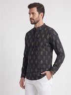 TerraDesi Midnight Black Printed Cotton Kurta for Men | Mandarin Collar Modern Ethnic Kurta