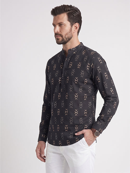 TerraDesi Midnight Black Printed Cotton Kurta for Men | Mandarin Collar Modern Ethnic Kurta