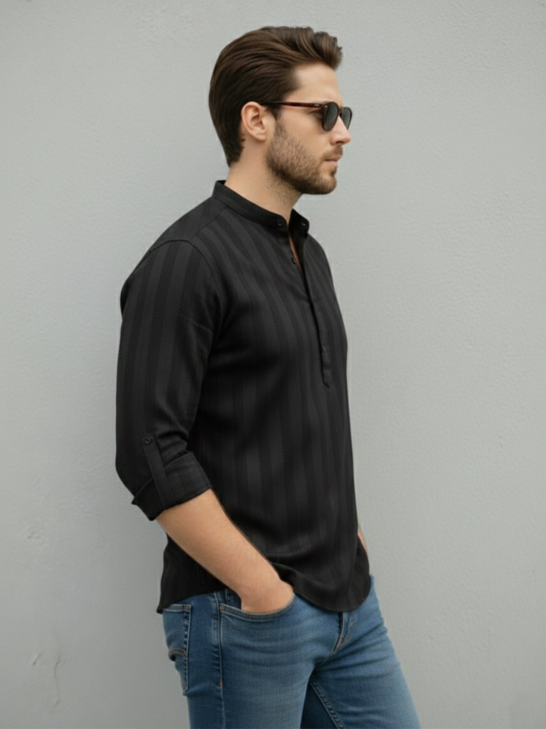 TerraDesi Men's Black Vertical Stripe Cotton Short Kurta