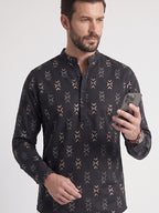 TerraDesi Midnight Black Printed Cotton Kurta for Men | Mandarin Collar Modern Ethnic Kurta
