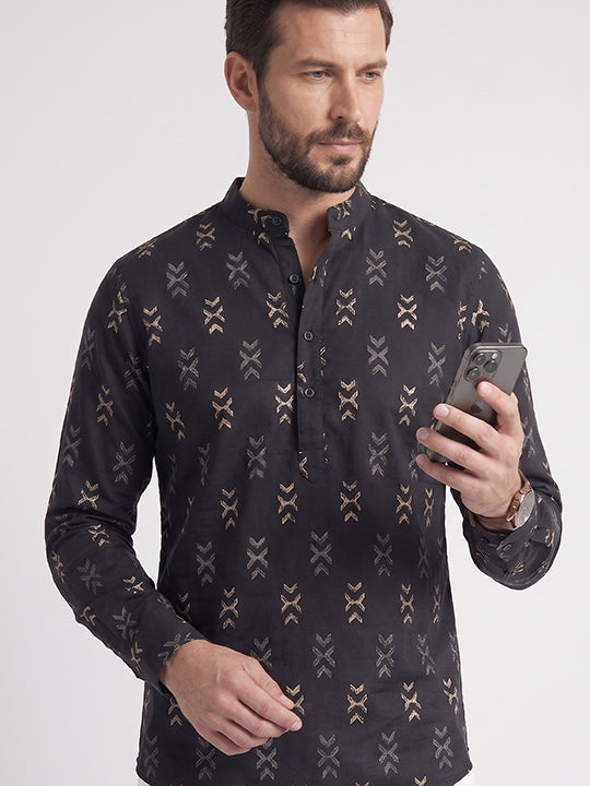 TerraDesi Midnight Black Printed Cotton Kurta for Men | Mandarin Collar Modern Ethnic Kurta