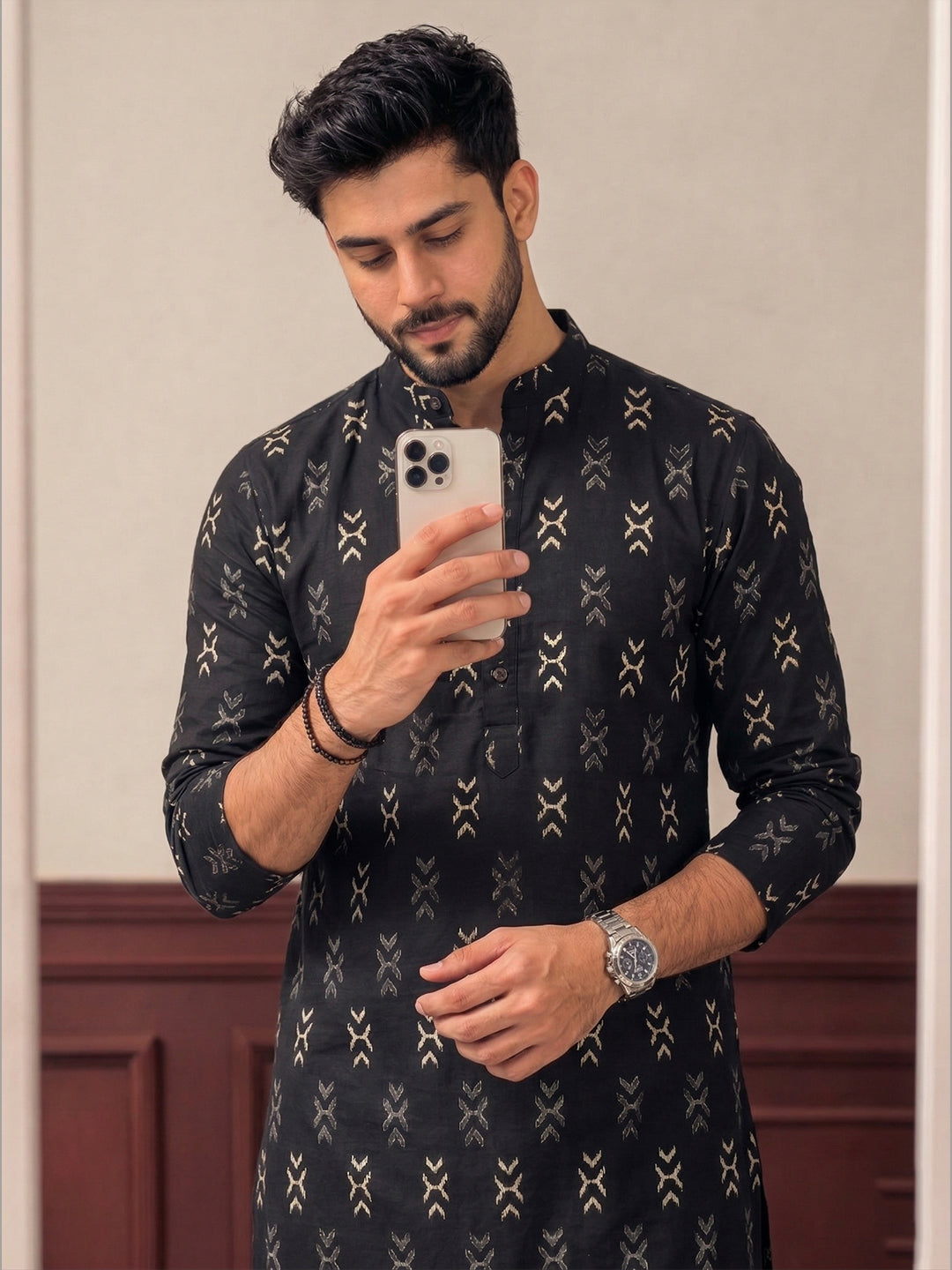 TerraDesi Noir Weave Printed Cotton Long Kurta for Men