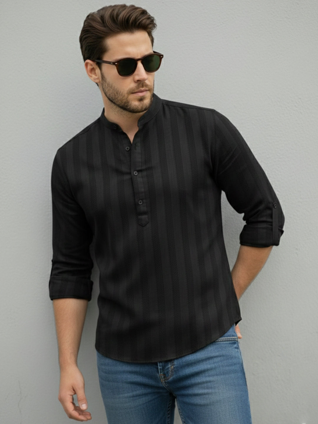 TerraDesi Men's Black Vertical Stripe Cotton Short Kurta