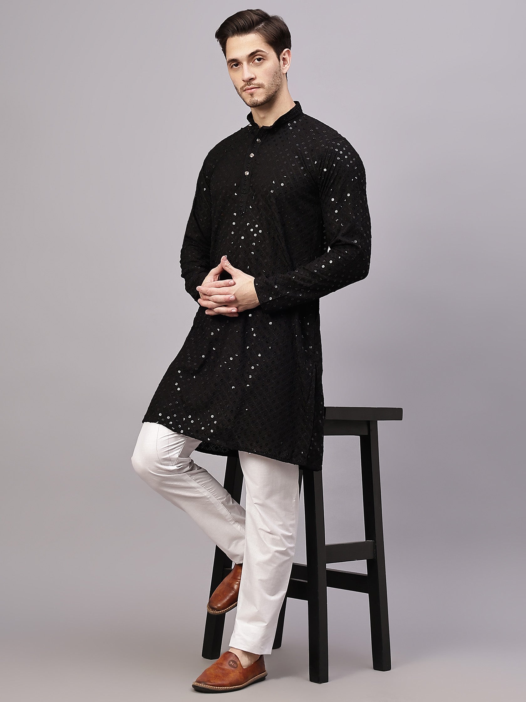 TerraDesi Golden Radiance Chikankari Sequined Kurta Pajama Set