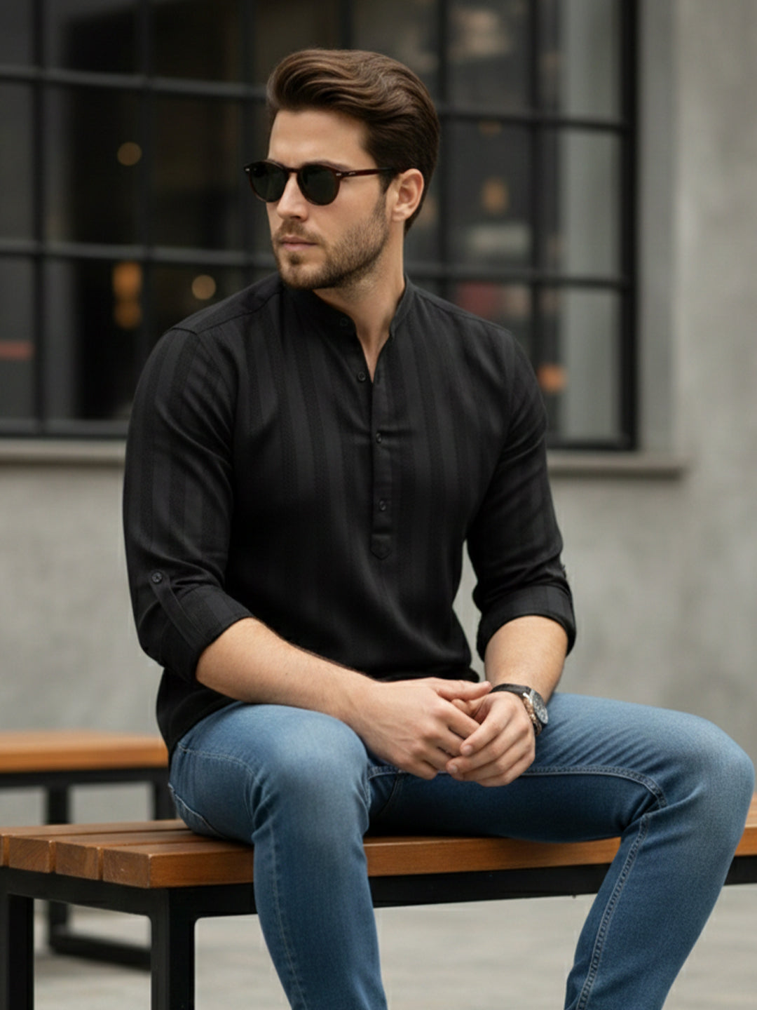 TerraDesi Men's Black Vertical Stripe Cotton Short Kurta