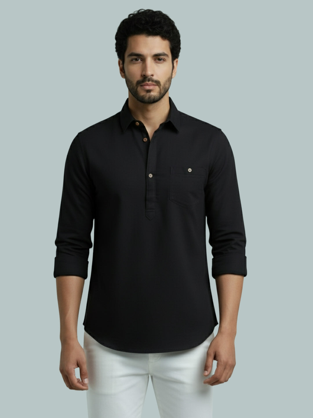 TerraDesi Men's Solid Cotton Short Kurta | Casual Full Sleeve Regular Fit (SE89)